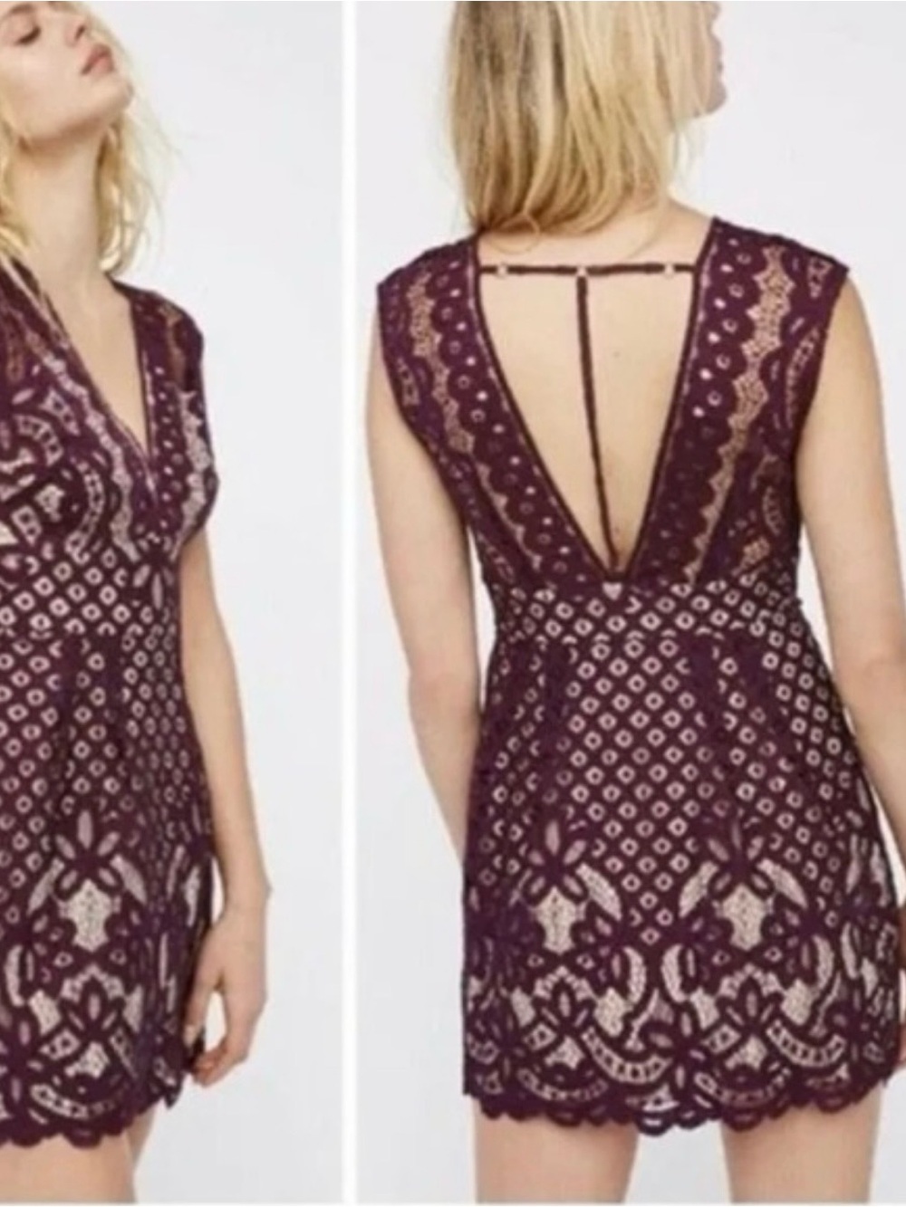 Free People Plum Lace V‑Neck Mini Dress size 8